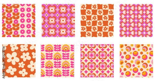 Set of groovy floral geometric seamless patterns for textile, stationery, notebook cover or wallpaper.