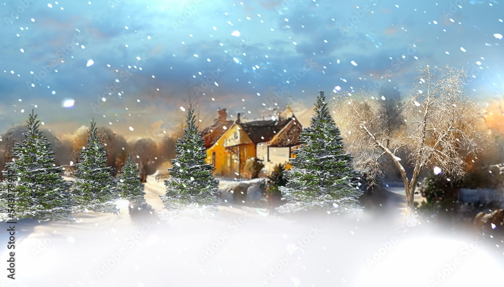 winter landscape wooden cabin and trees under snow countryside 3 d illustration winter landscape wooden cabin and trees under snow countryside 3 d illustration