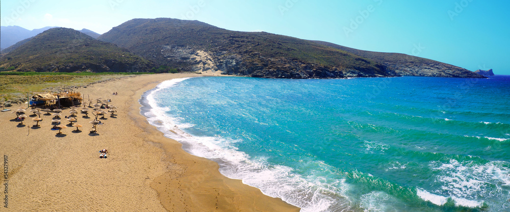 Superb beach of Kolymbithra facing Drakonissi whose name means the island of dragons, on the island of Tinos, in the Cyclades archipelago, in the heart of the Aegean Sea