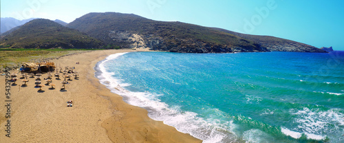 Fototapeta Naklejka Na Ścianę i Meble -  Superb beach of Kolymbithra facing Drakonissi whose name means the island of dragons, on the island of Tinos, in the Cyclades archipelago, in the heart of the Aegean Sea