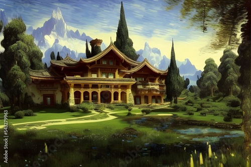 Intricate house  castle  on beautiful landscape 3d illustration 3d render