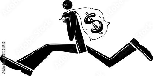 Man who runs away with a bag of money with a dollar sign painted on it. The masked robber. Illustration in black and white. Stock vector illustration