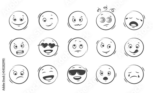 Emoji face icon set. Emoji with different emotion mood. Black and white vector illustration.