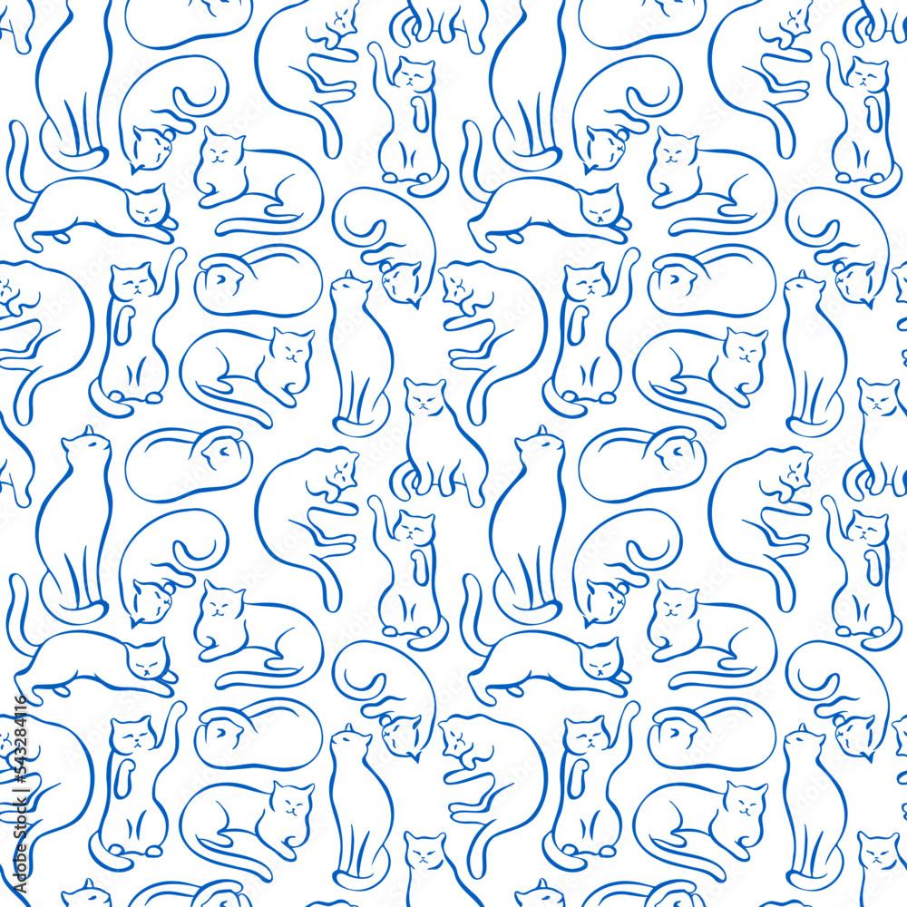 Cute cats pattern. Kittens are sitting in different poses silhouette seamless vector illustration. Hand drawn with a blue outline isolated on white background. For wrapping paper, wallpaper, fabric.