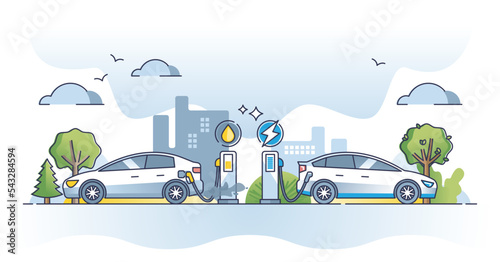 Gasoline vs electric car with different energy sources usage outline concept. Fossil fuel and oil versus battery charged automobile as ecological choice for environmental future vector illustration.