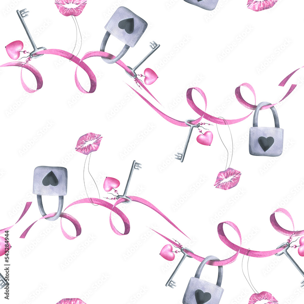 Ribbons with hanging locks, keys and kisses on a white background. Watercolor illustration. Seamless pattern from the VALENTINE'S DAY collection. For fabric, textiles, packaging paper, prints