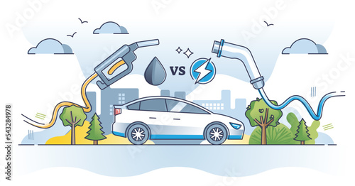 Gasoline vs electric car with fossil oil or charged motor outline concept. Nature friendly or pollution choice for transportation energy source vector illustration. Clean power or petrol dilemma.