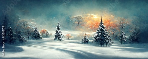 Photo illustration of a winter christmas scene landscape for a banner or wallpaper