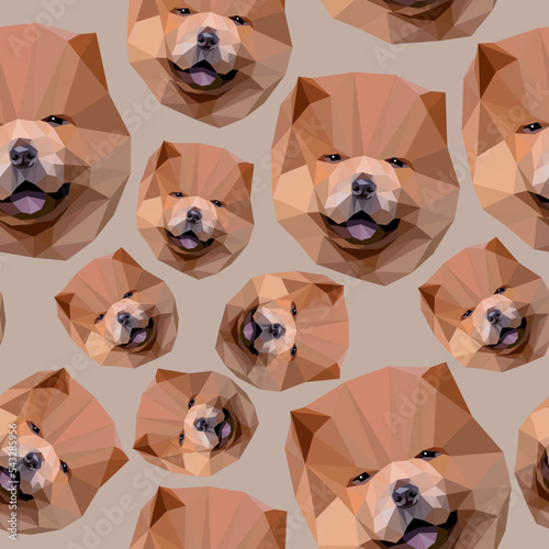 Vector seamless pattern. Illustration of low poly polygonal dog chow-chow breed muzzle face. Brown beige puppy isolated on light background.