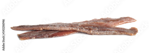 Delicious salted anchovy fillets on white background