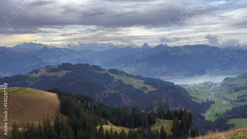 Panoramic view of the Swiss Pre-Alps from the summit of the Chai Aubrig mountain, Schwyz, Switzerland.
 photo