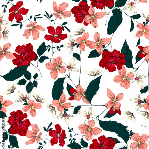flowers and leaves vintage on a white background pattern