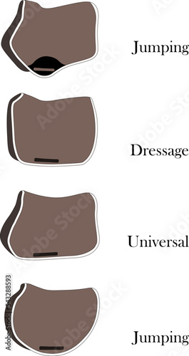 A set of different models of saddle pads. Linear contours with a fill example. Dressage saddle pad, unviersal saddle pad, jumping saddle pad. Samples of ammunition for equestrian sport.