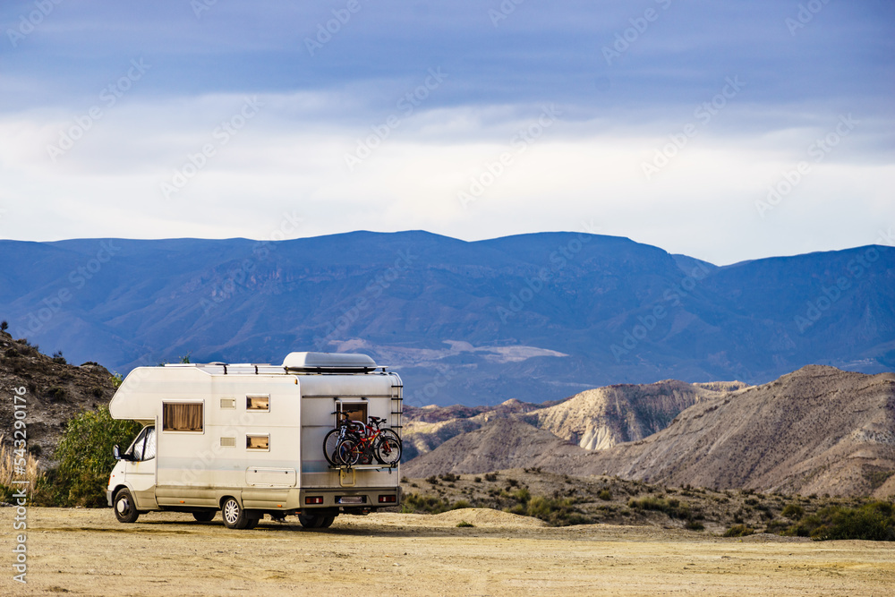 Camper vehiclein Tabernas desert, Spain