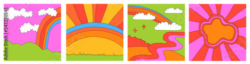 set of 1970 psychedelic square social media templates. Groove landscape posters. Editable layered frame for photo and text. Hippie nature - clouds, rainbow, mountains. y2k background. 90s aesthetic	