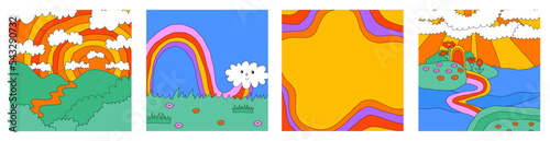 set of 1970 psychedelic square social media templates. Groove landscape posters. Editable layered frame for photo and text. Hippie nature - clouds, rainbow, mountains. y2k background. 90s aesthetic	