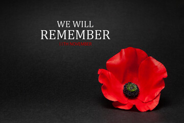Poppy pin for Remembrance Day. Poppy flower on black background. We Will Remember.