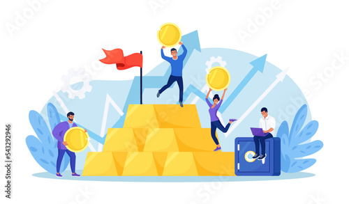 Gold investment concept. Successful investors or entrepreneur climb up steps and ingots towards flag. Financial literacy, goal setting. Trader or rich investor standing on stack of gold bar bullion