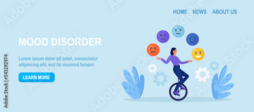 Emotional intelligence, balance of anxiety and happiness. Woman juggles emoticons, expression emotional faces. Emotions, mood control. Mindfulness and psychology. Consciousness, self development