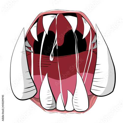 Monster mouth. Funny facial expression, open mouth with tongue and drool. Scary lips teeth and tongue monster. Halloween monster mouth