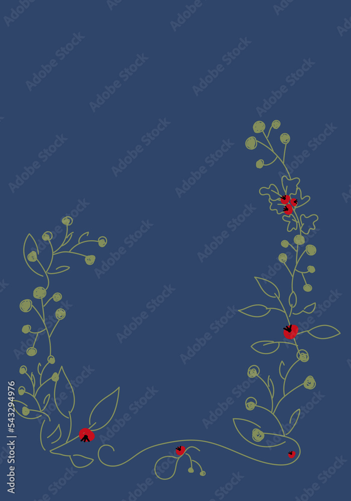 Vector. Merry Christmas and Happy New Year floral background, copy space for your text. Rustic vertical frame template for Christmas cards, wedding invitations, party invitation. Hand-drawn sketch.