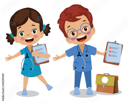 Happy kids wear doctor uniform set