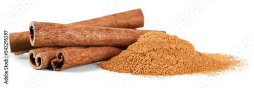 Foto Cinnamon sticks and powder on white background