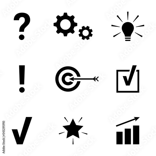 Problem solution sign icon pictogram. Question exclamation check tick mark gear light bulb target aim idea symbol on white background