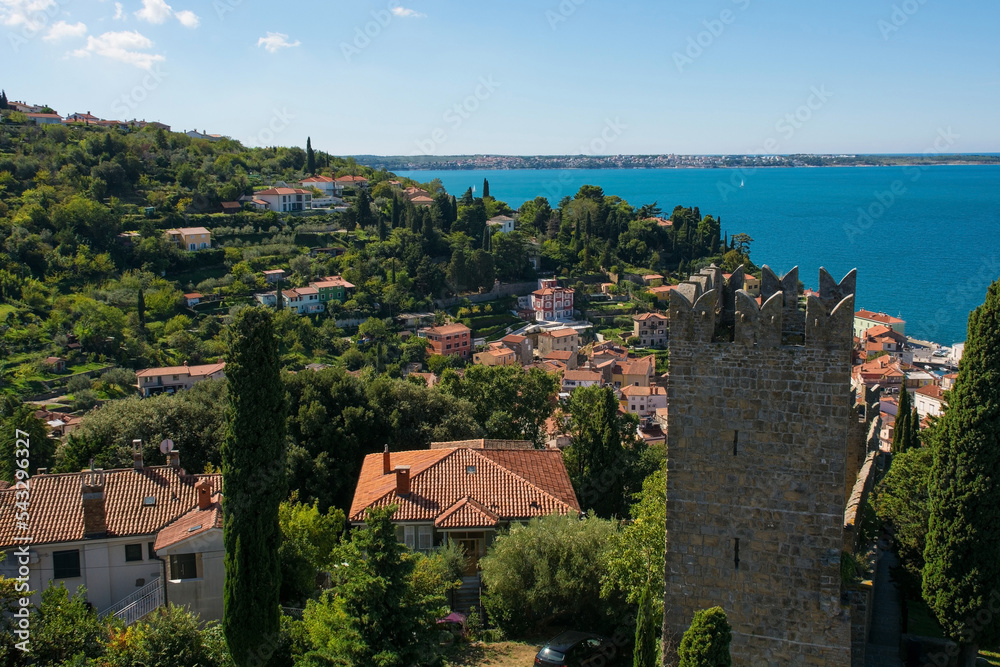Obraz premium Part of the 7th century defensive walls of the coastal town of Piran in Slovenia. This is the view of the town from part of the third wall 