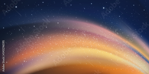 Milky Way and Orange light,Stars Shining and Comet falling,Night colourful landscape with Starry sky,Beautiful Universe with Space background of galaxy.Vector banner Star field in night sky for travel