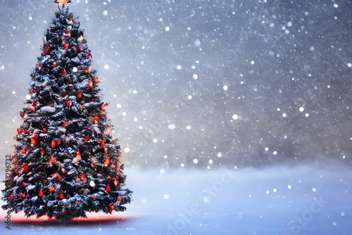 Fototapeta AI-generated decorated fir tree under the snow