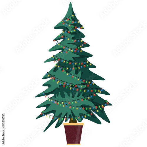 Christmas tree in a Golden pot with stars, garlands and balls. Xmas greeting card.