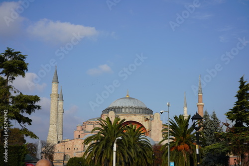 Hagia Sophia in the blue sky and palm trees photo