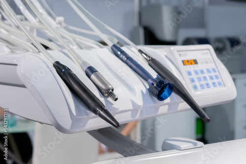 Different tools and dentistry instruments in dental office, surgery. Stomatology, healthcare and medicine concept