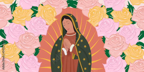 Virgin of Guadalupe surrounded by rose flowers