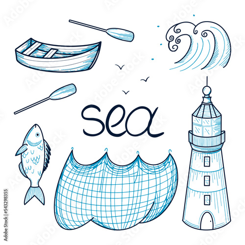 Hand drawn vector nautical collection. Fishing