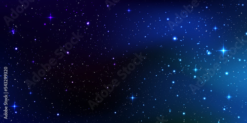 Magic color galaxy with star and planet. Infinite universe and starry night blue sky. Realistic cosmos light. Space background with realistic purple and pink nebula, stardust and shining stars. Vector