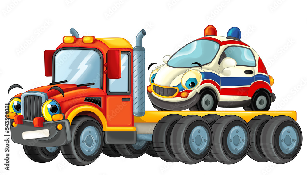 cartoon scene with tow truck driving with load ambulance car isolated illustration for children cartoon scene with tow truck driving with load ambulance car isolated illustration for children