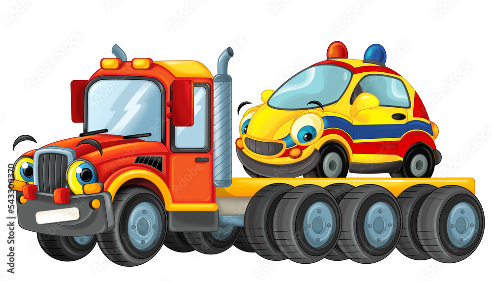cartoon scene with tow truck driving with load ambulance car isolated illustration for children