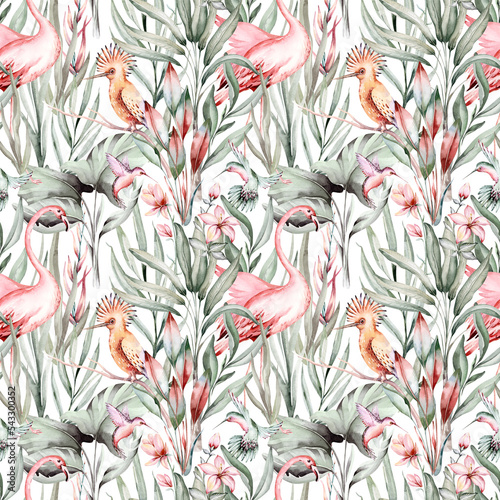 Tropical watercolor birds hummingbird, monkey and jaguar, exotic jungle plants palm banana leaves flowers, flamingo pastel color seamless pattern fabric background photo