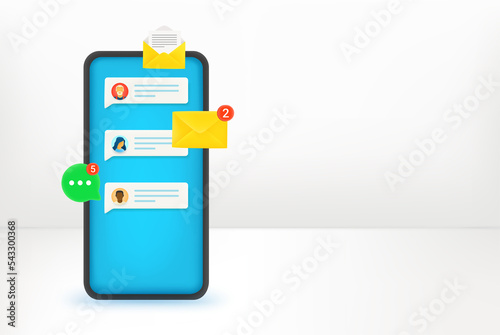 Modern mobile phone with notifications of messengers. 3d banner with copy space