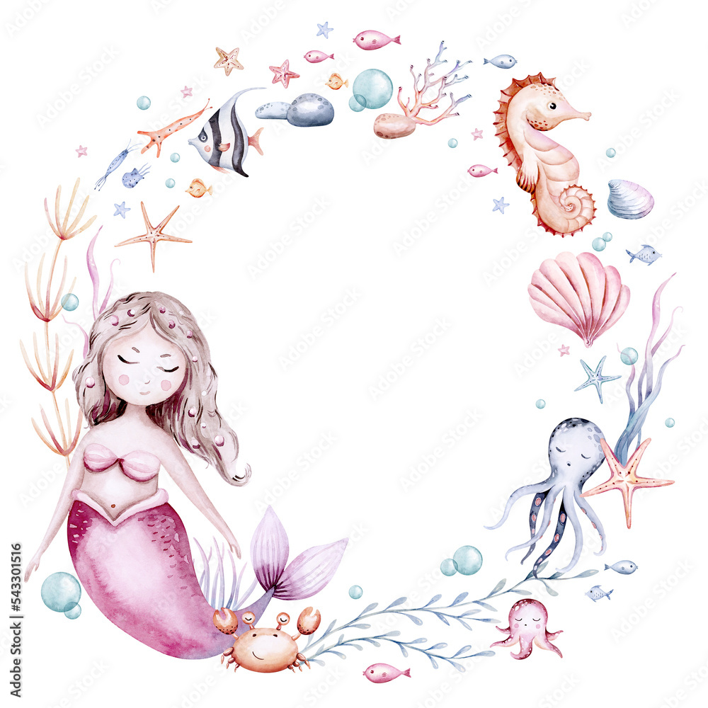 frame of sea animals. Blue watercolor ocean fish wreath, turtle, whale and coral. Shell aquarium mermaid submarine. Nautical dolphin marine illustration, jellyfish, starfish frame of sea animals. Blue watercolor ocean fish wreath, turtle, whale and coral. Shell aquarium mermaid submarine. Nautical dolphin marine illustration, jellyfish, starfish