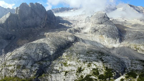 Aerial views of the north face of the Marmolada mountain in the Italian Dolomites