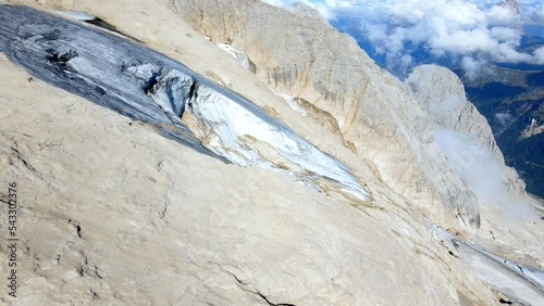 Aerial views of the north face of the Marmolada mountain in the Italian Dolomites
