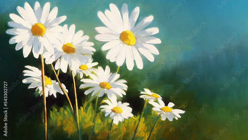 Fototapeta premium Hyper-realistic illustration of white daisy flowers with blur background