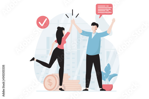 Teamwork concept with people scene in flat design. Man and woman give high five, discuss tasks and communicate, success cooperate and collaborate. Vector illustration with character situation for web
