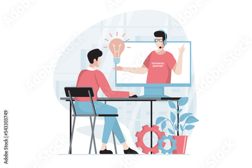 Technical support concept with people scene in flat design. Man watches video tutorial with tips on repairing and settings from tech specialist. Vector illustration with character situation for web