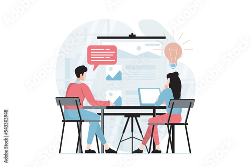 UI and UX design concept with people scene in flat style. Man and woman work as designers, brainstorming and create interfaces for applications. Vector illustration with character situation for web
