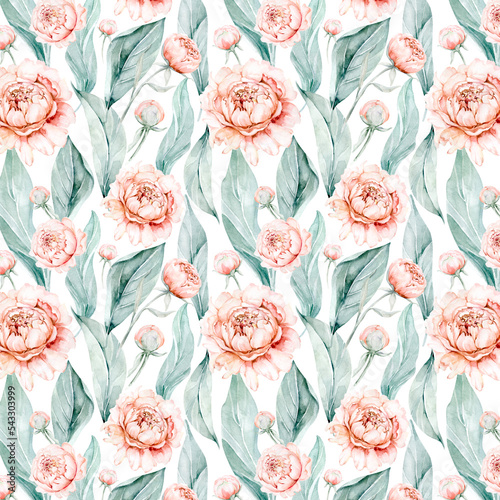 Seamless floral pattern with peonis watercolor. photo