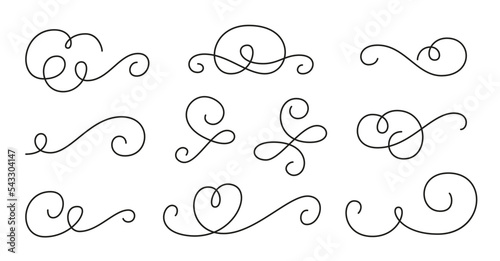 Black line calligraphic vintage swirl set. Classic antique typographic filigree curls. Elegant retro ink hand drawn swash. Christmas ornate wedding invitation Victorian style flourish scroll pattern